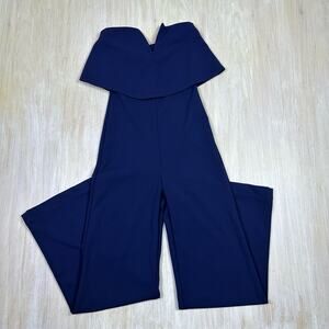 Lulus Power of Love Navy Blue V Neck Ruffle Strapless Wide Leg Jumpsuit Small
